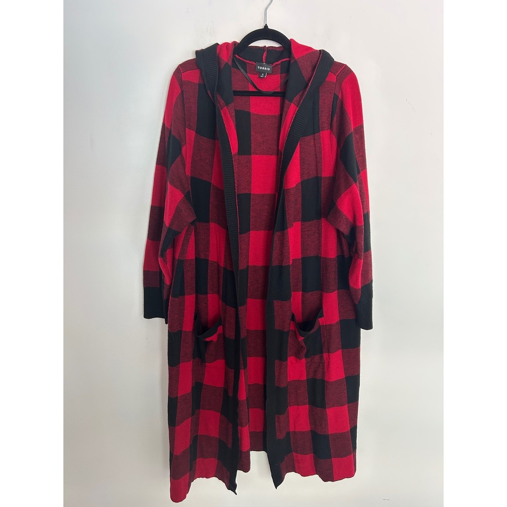 Torrid Buffalo Plaid Hooded Duster Cardigan Sweater Red Black Plus Size 3X